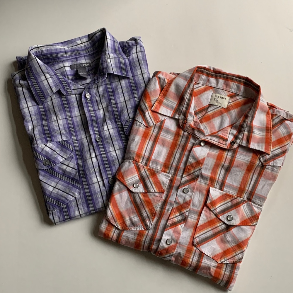 H&M & OLD NAVY Button Down 100% Cotton Plaid Short Sleeve Shirt Bundle Sz Large